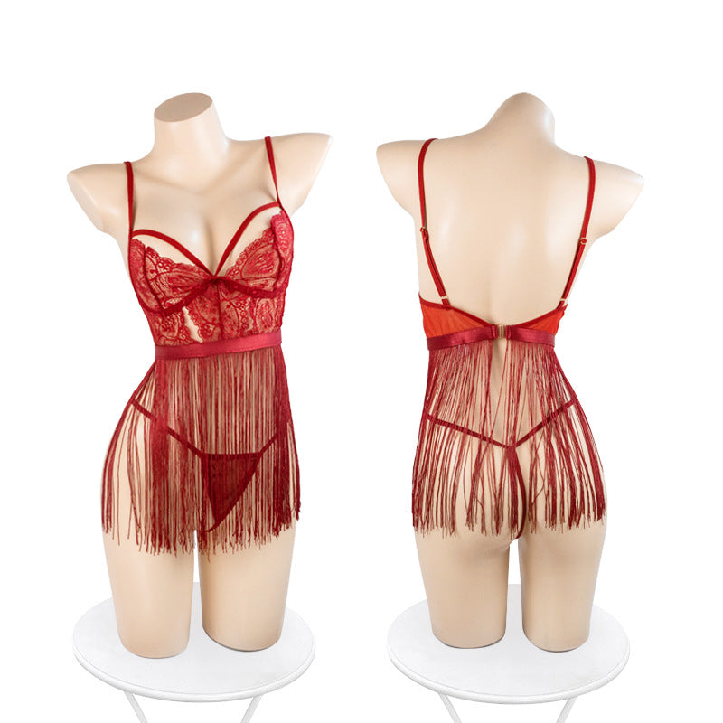Image of Astringent desire erotic lingerie sexy backless temptation lace see-through strap tassel free nightdress uniform set 0740